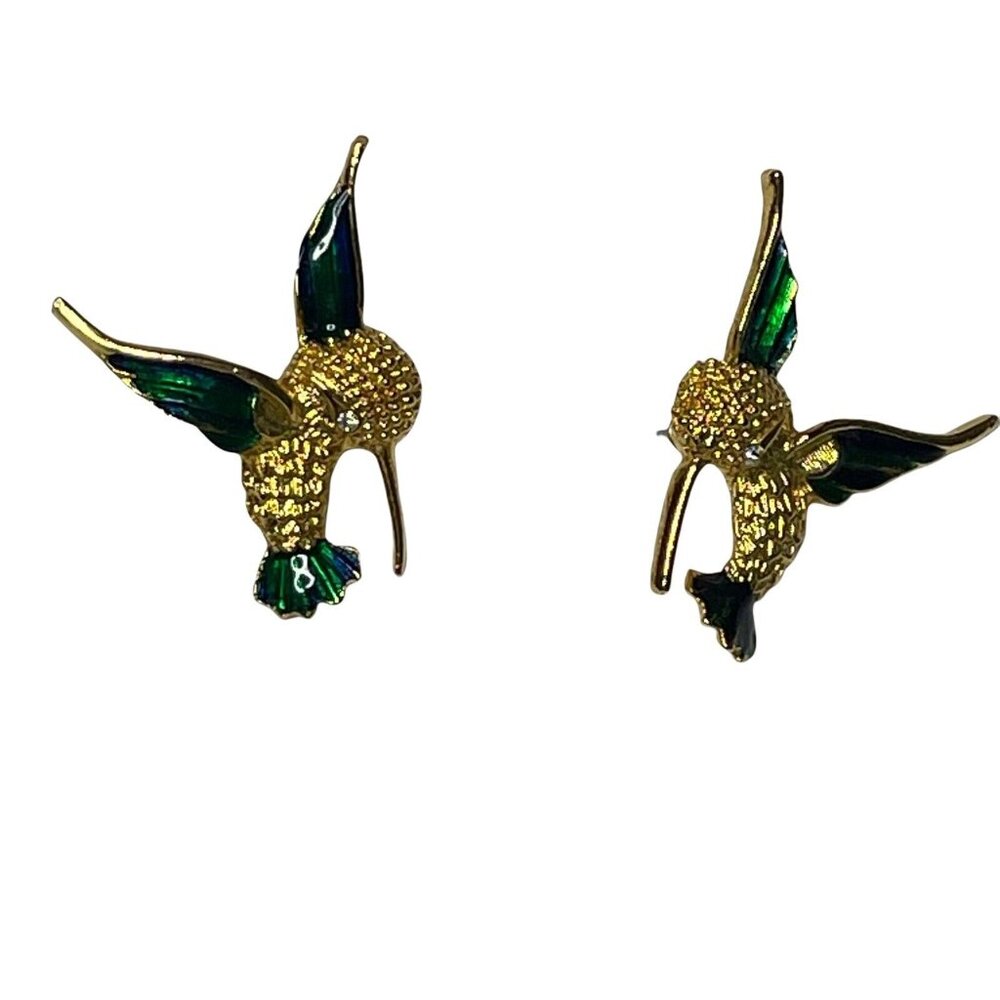 Enamel Hummingbird Earrings Posts Studs Gold Tone Green 1.5 In.